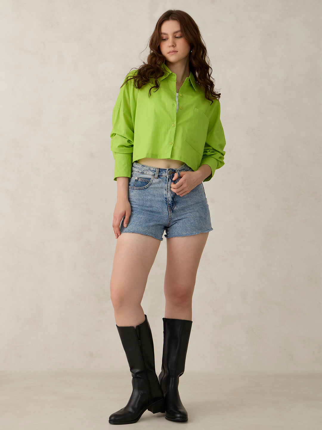 Green Cropped Solid Shirt