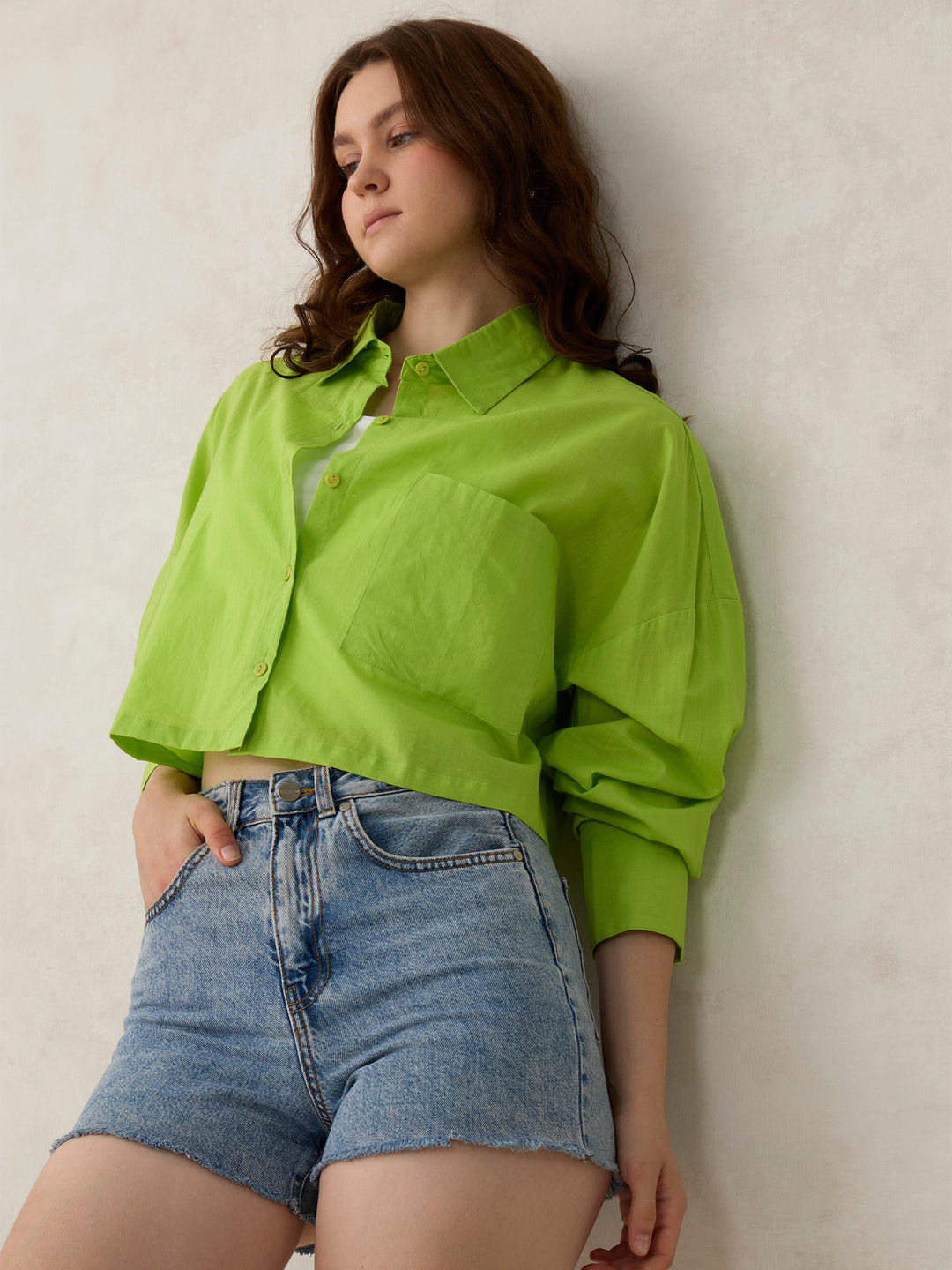 Green Cropped Solid Shirt