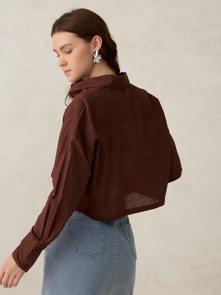 Brown Cropped Solid Shirt