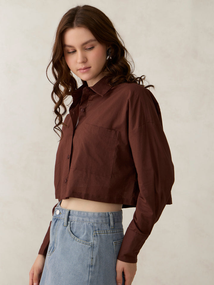 Brown Cropped Solid Shirt