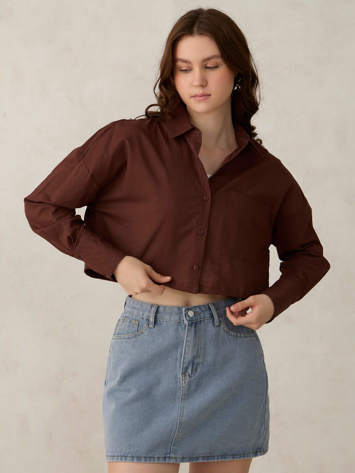 Brown Cropped Solid Shirt