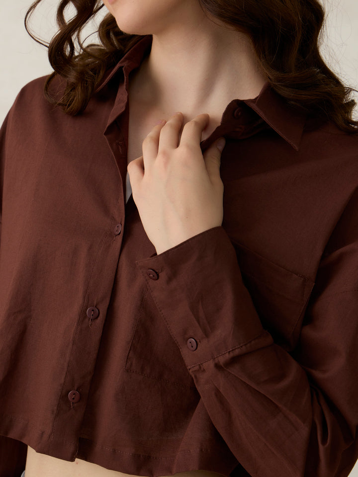 Brown Cropped Solid Shirt