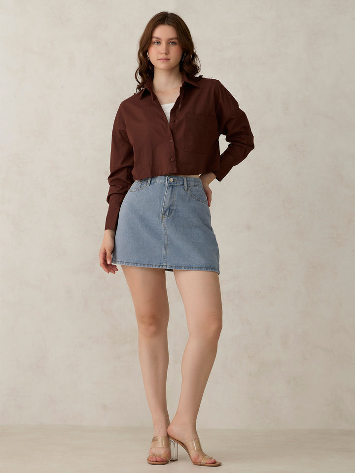 Brown Cropped Solid Shirt