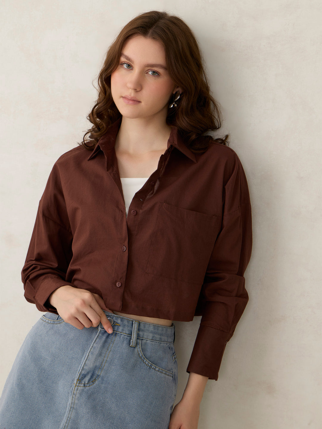 Brown Cropped Solid Shirt
