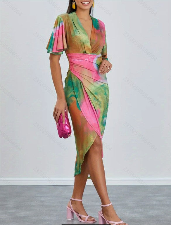 Multi Printed Flare Sleeve V-Neck Dress