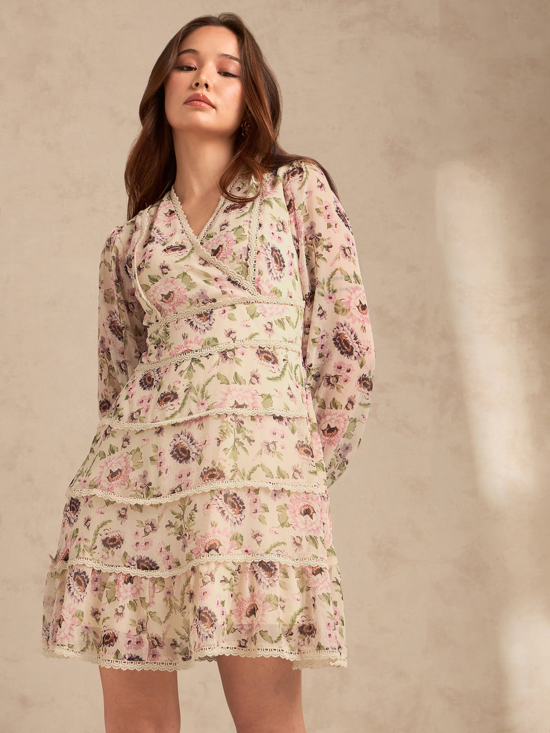 Multi Floral Printed Dress With Lace Detailing