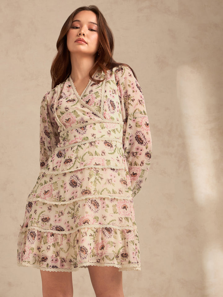 Multi Floral Printed Dress With Lace Detailing