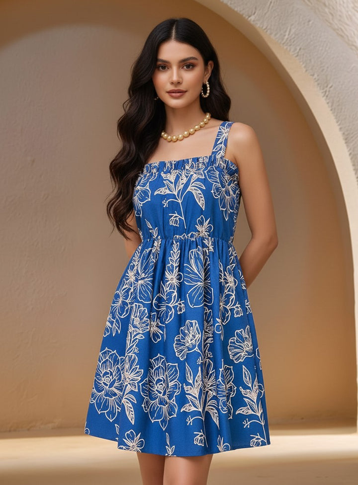 Blue Shoulder Strap Square Neck Printed Dress