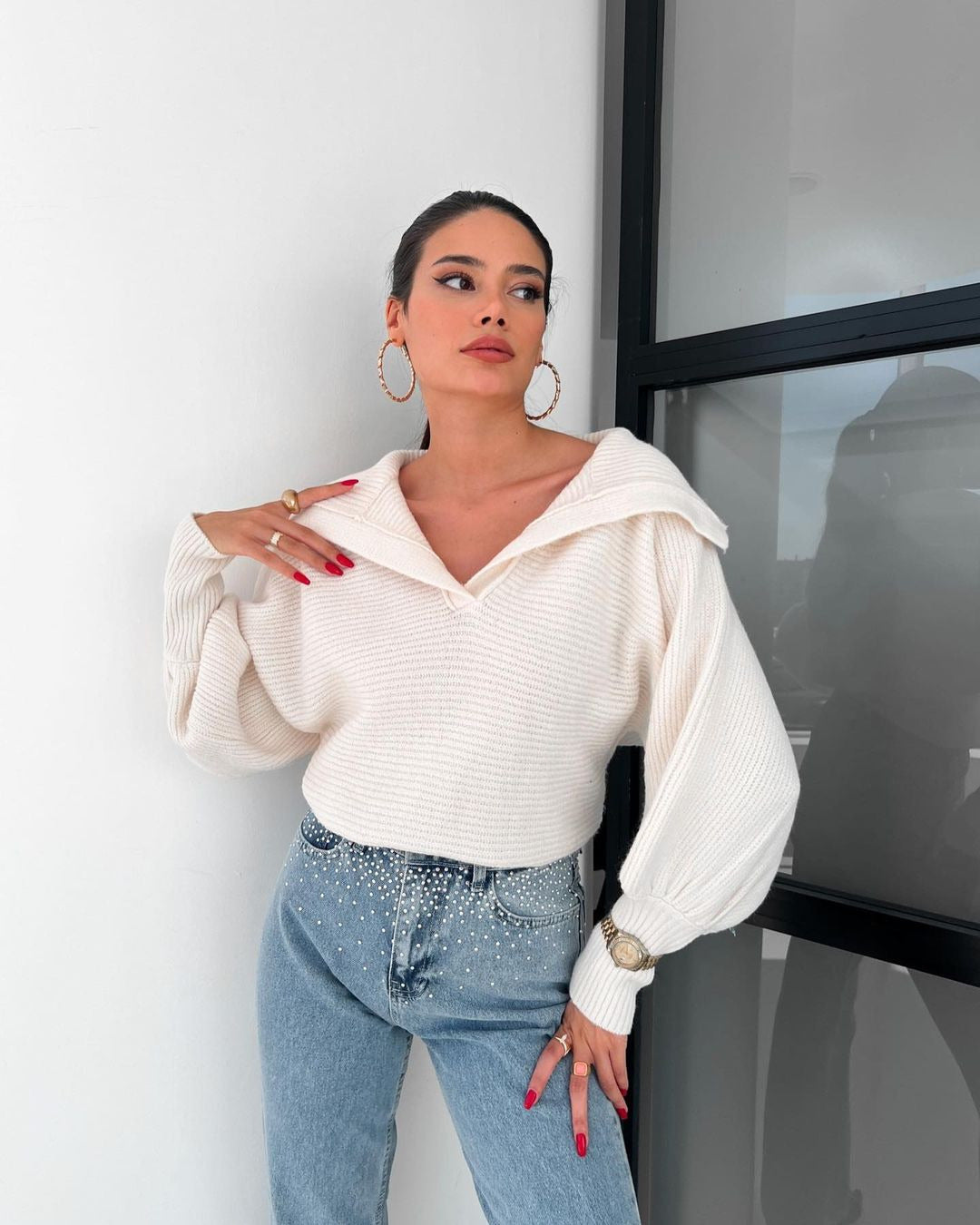 White Wide Collared Solid Sweater