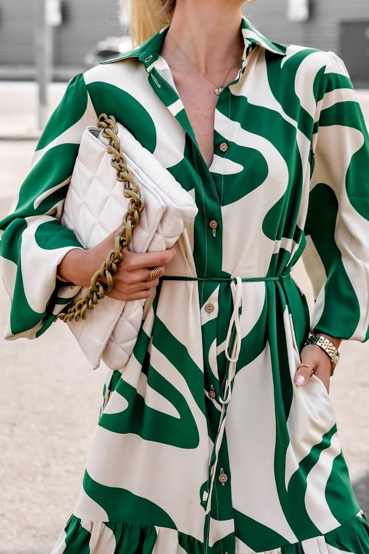 Green Full Sleeve Collared Neck Printed Dress