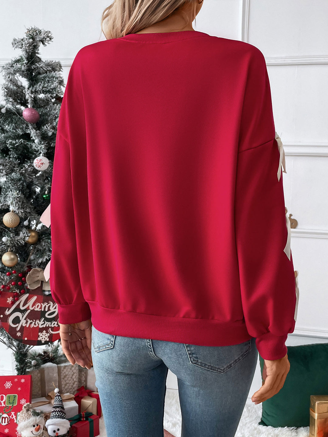Red Full Sleeve Bow Trim Sweatshirt