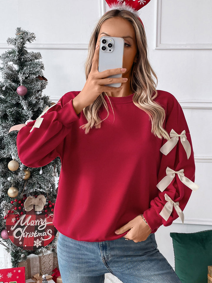 Red Full Sleeve Bow Trim Sweatshirt