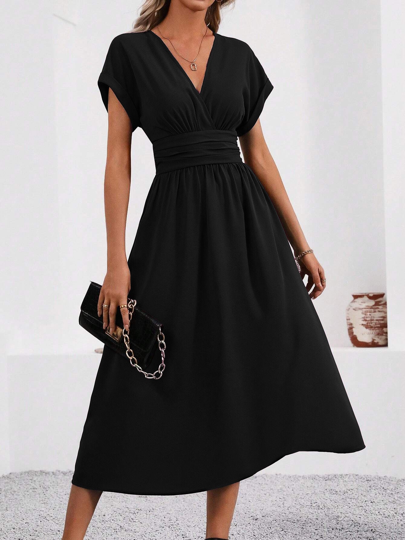 Black Short Sleeve V Neck Dress