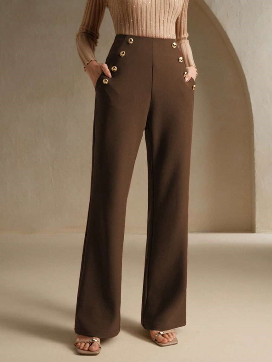 Brown High Waist Metal Trim Pant