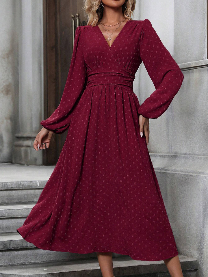 Burgundy Short Sleeve V Neck Flared Dress