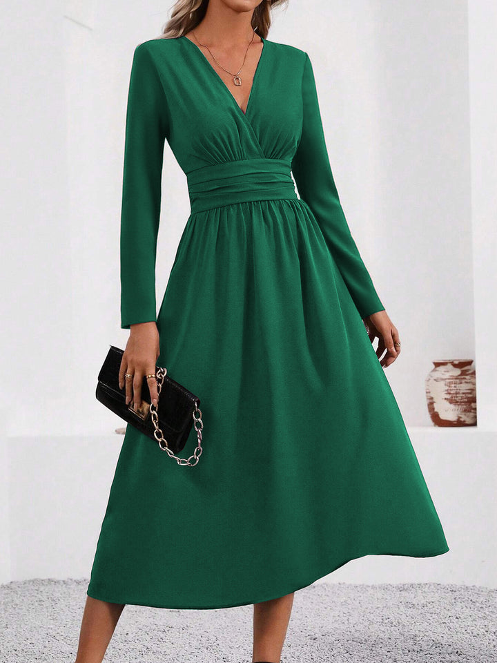 Forest Green Full Sleeve V Neck Flared Dress