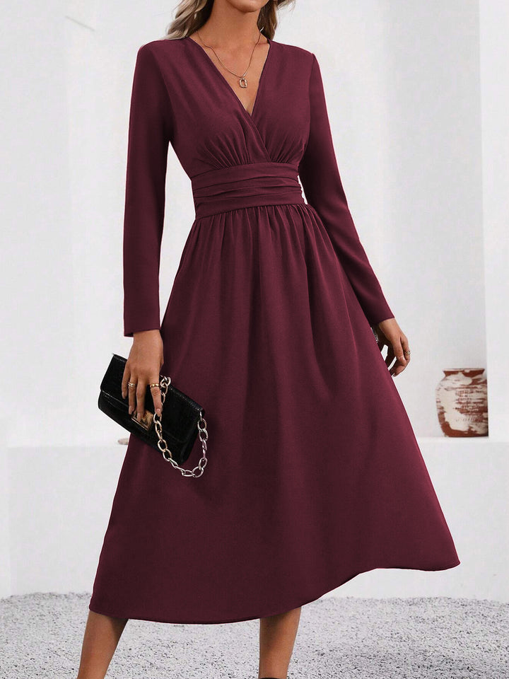 Burgundy Full Sleeve V Neck Flared Dress