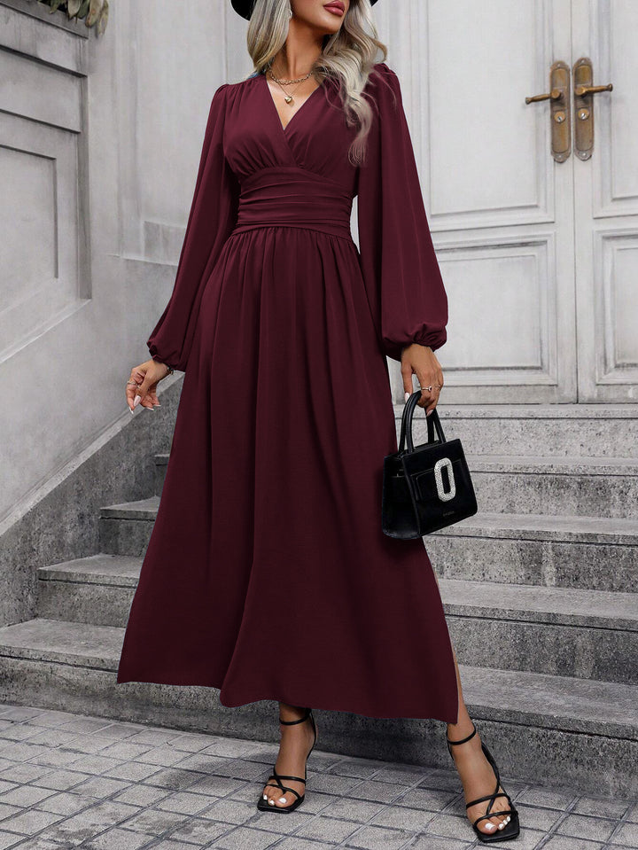 Burgundy Bishop Sleeve V Neck Flared Side Slit Dress