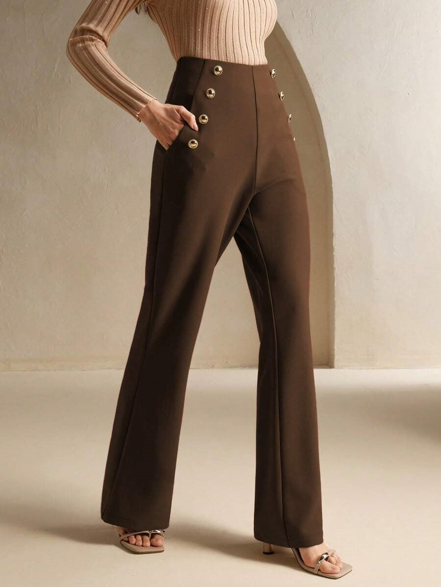 Brown High Waist Metal Trim Pant