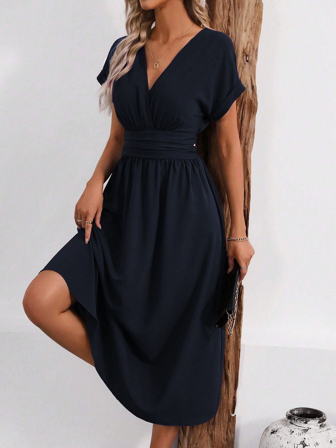 Navy Short Sleeve V Neck Dress