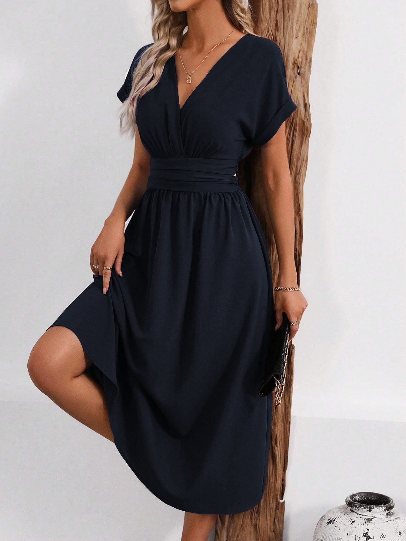 Navy Short Sleeve V Neck Dress