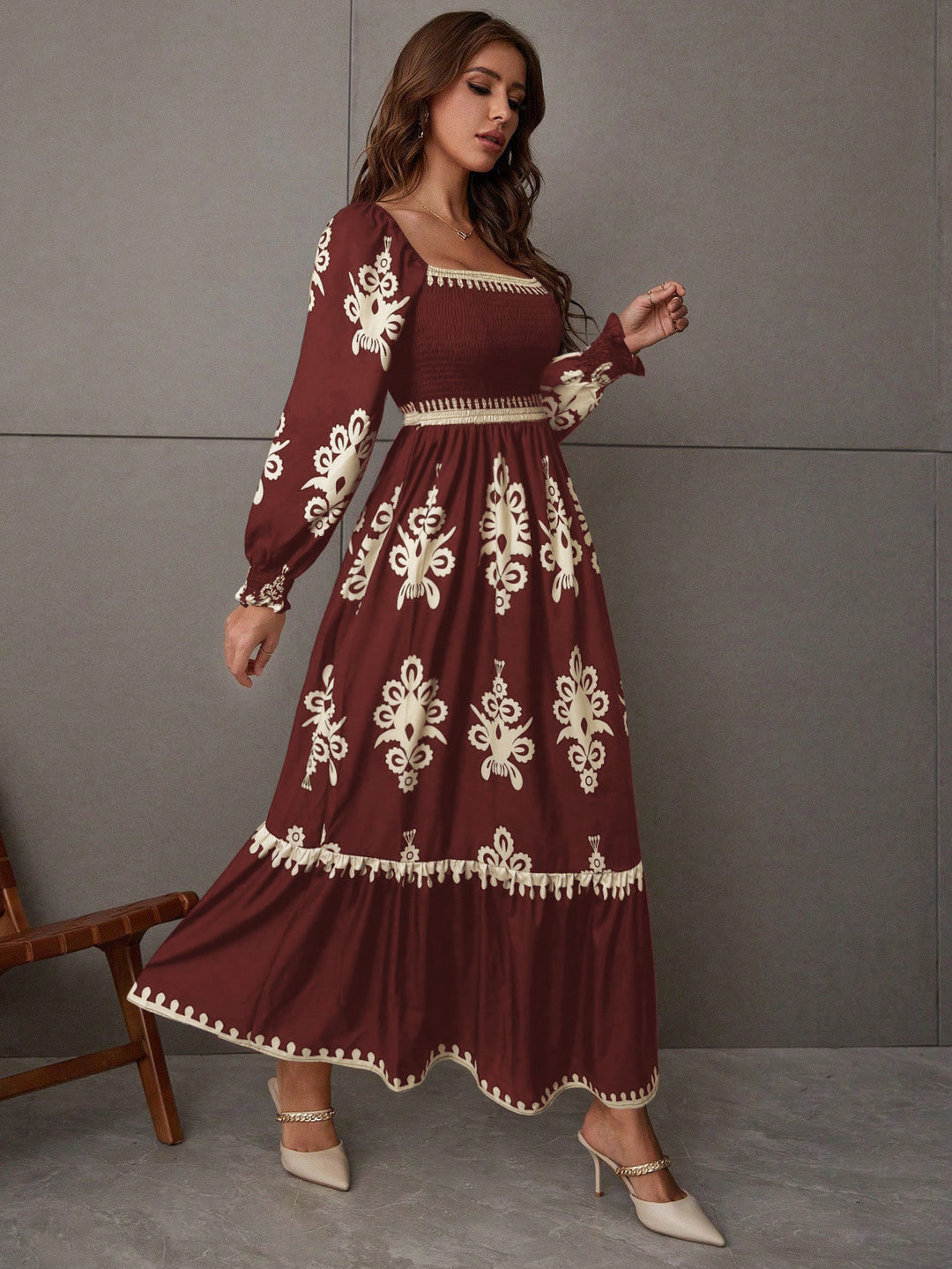Burgundy Bishop Sleeve Square Neck Printed Dress
