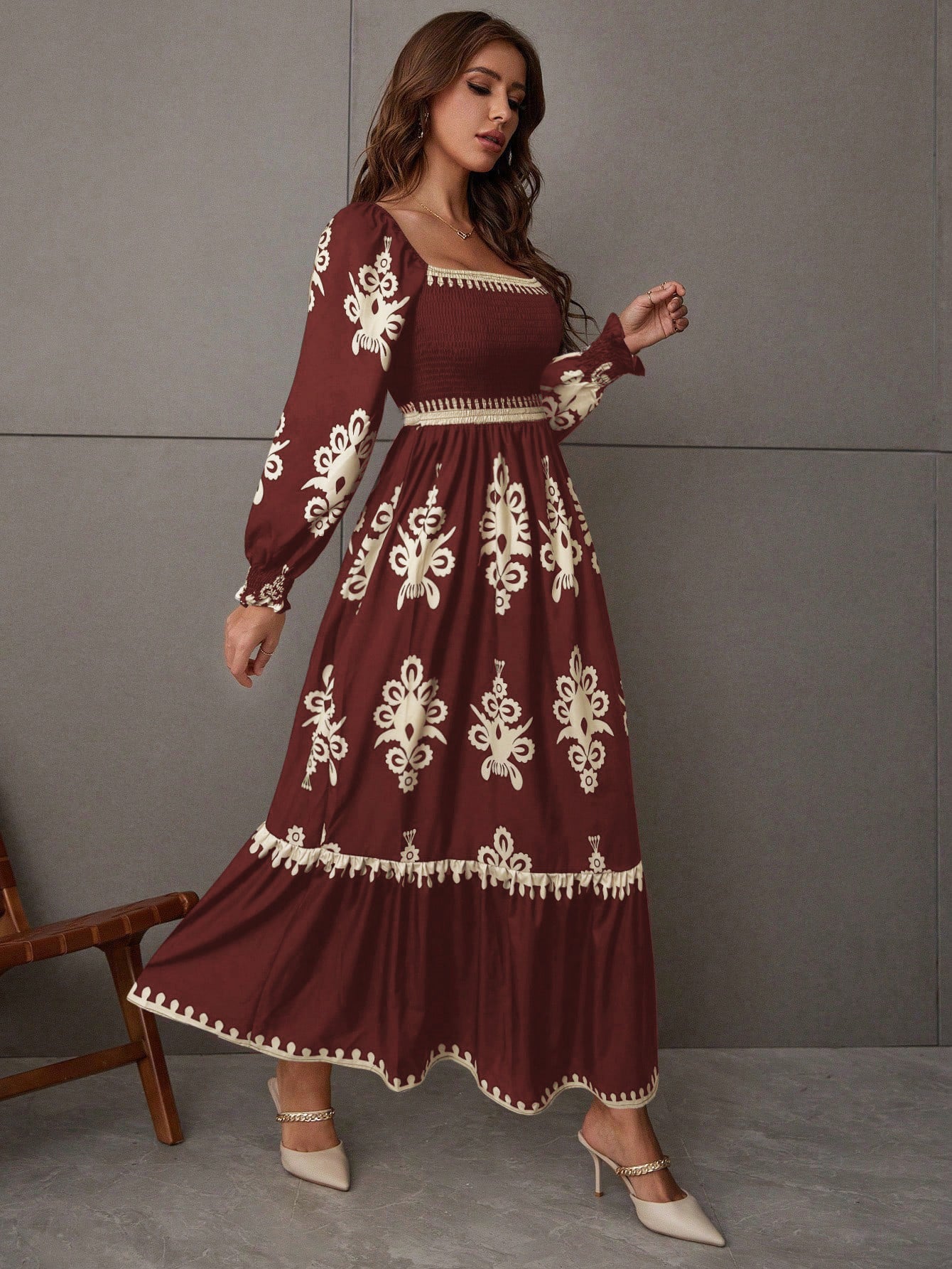 Burgundy Bishop Sleeve Square Neck Printed Dress