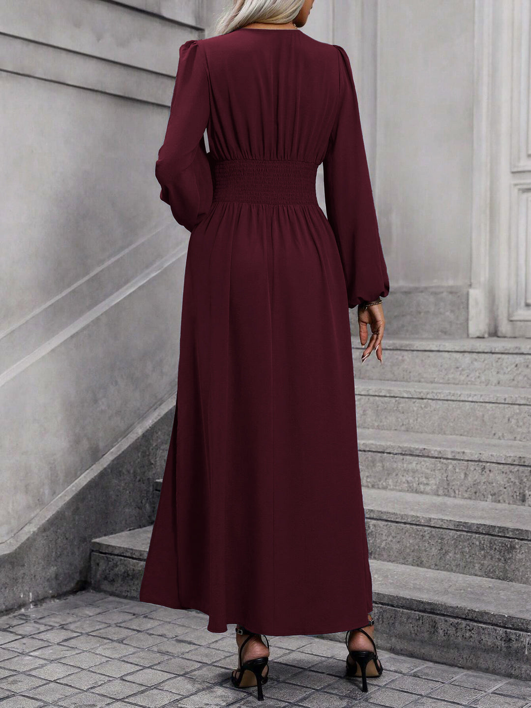 Burgundy Bishop Sleeve V Neck Flared Side Slit Dress