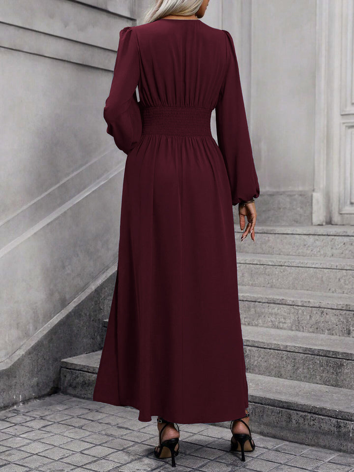 Burgundy Bishop Sleeve V Neck Flared Side Slit Dress