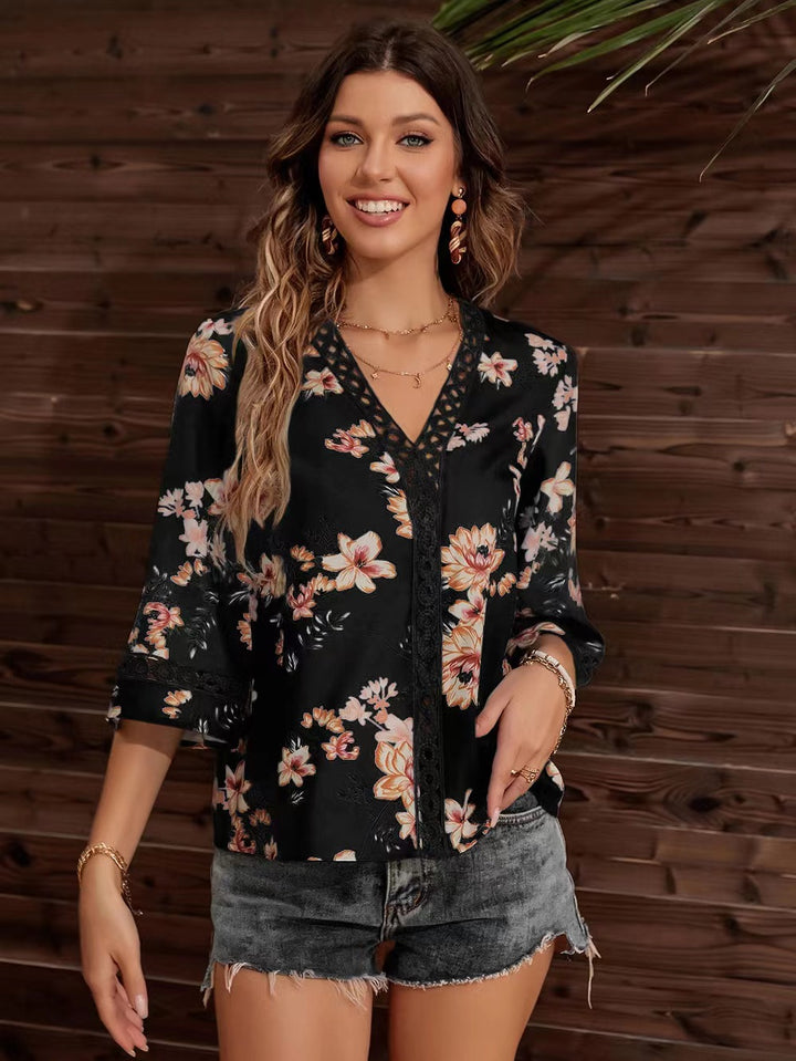 Black Short Sleeve V Neck Floral Top
