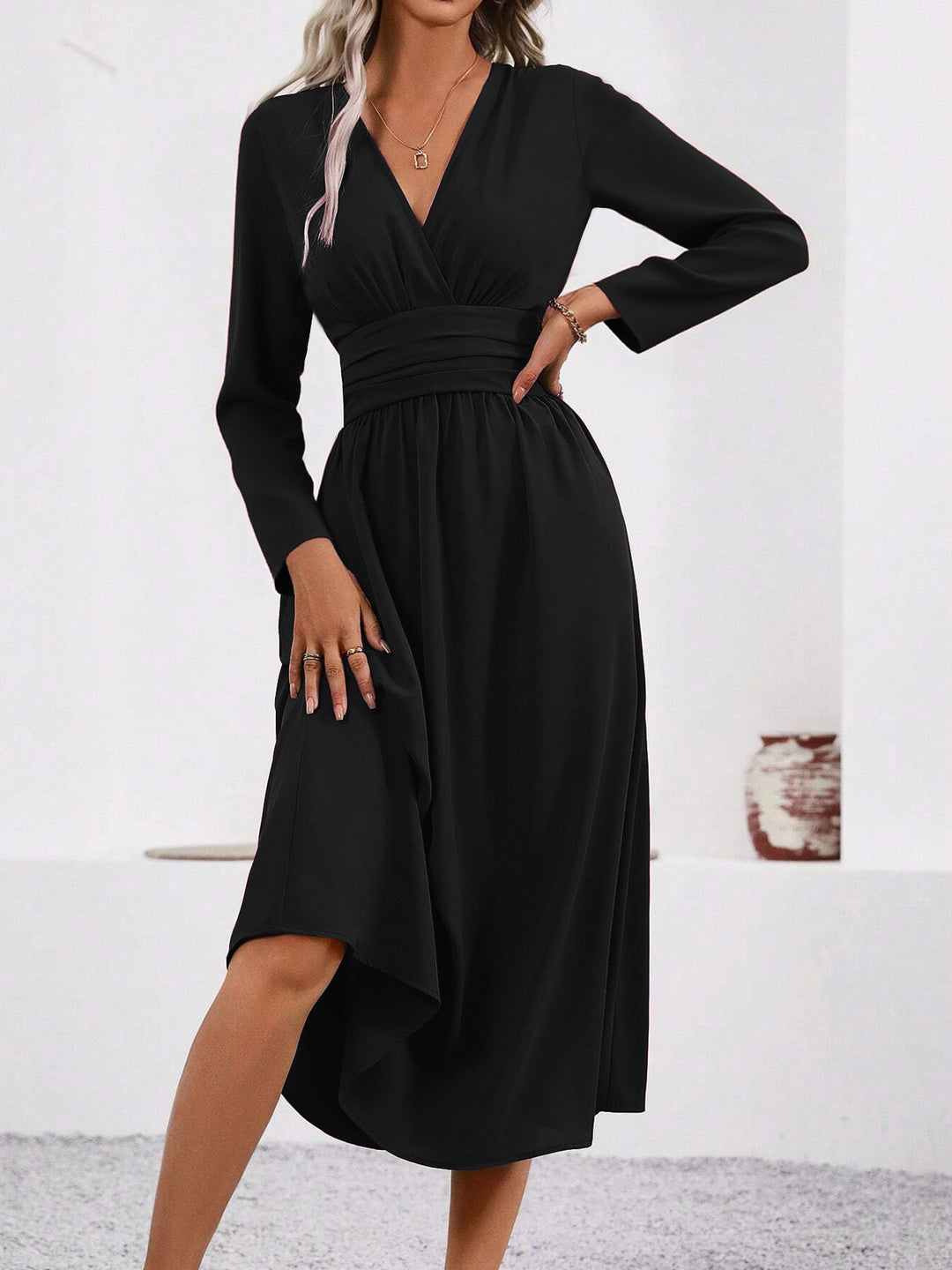 Black Full Sleeve V Neck Flared Dress