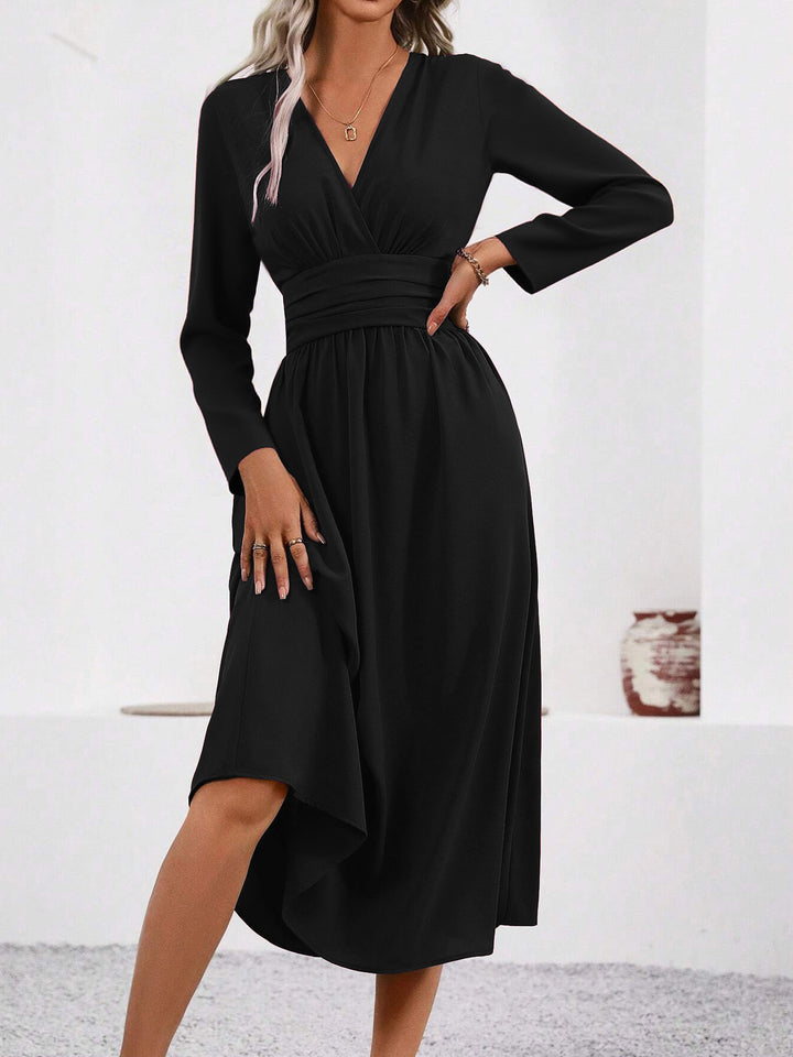 Black Full Sleeve V Neck Flared Dress