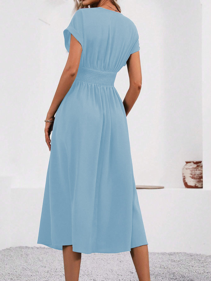Light Blue Short Sleeve V Neck Dress