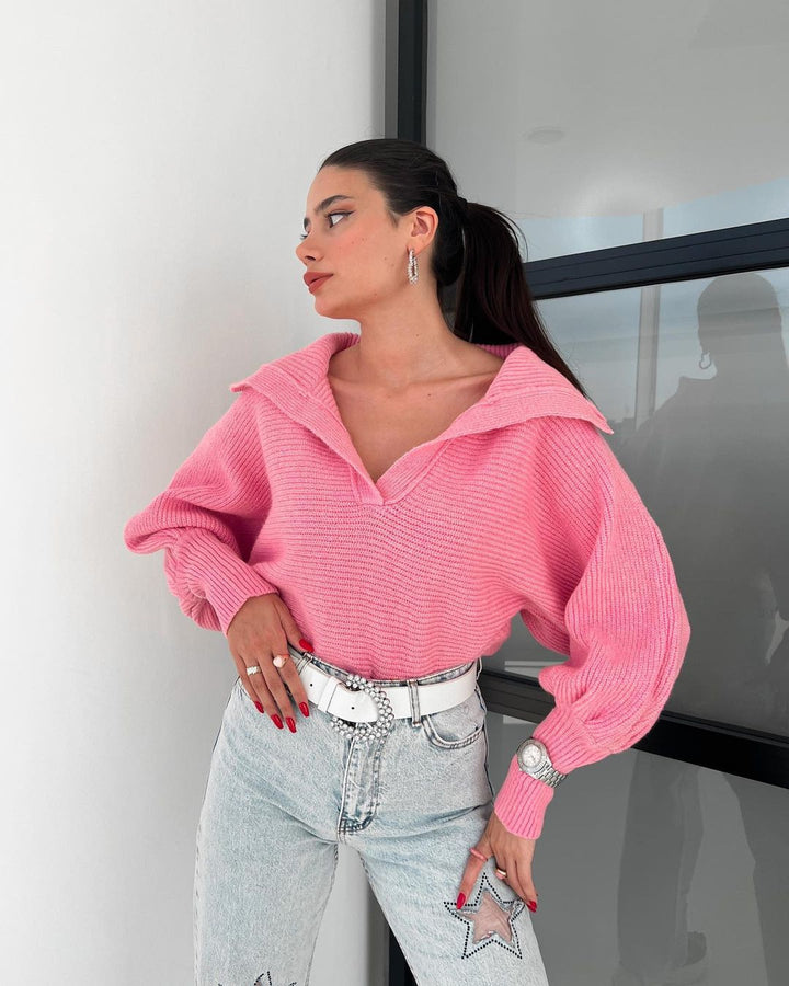 Pink Wide Collared Solid Sweater
