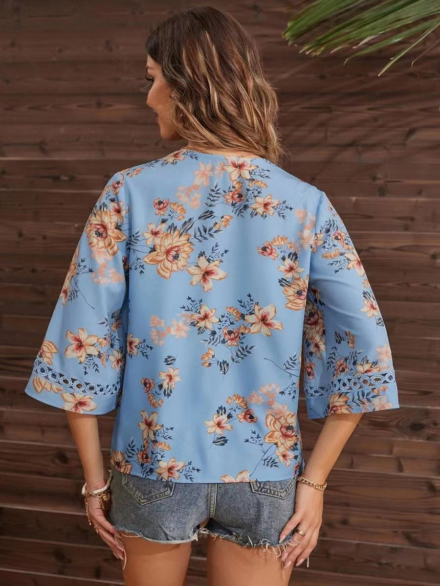 Light Blue Short Sleeve V Neck Floral Top