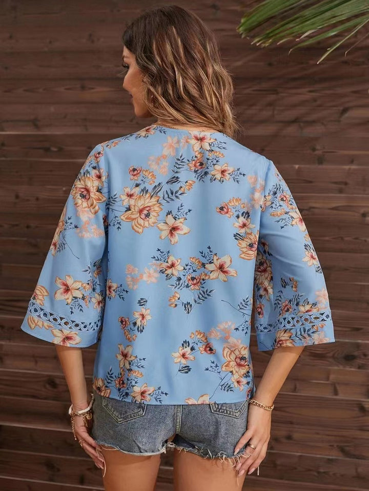 Light Blue Short Sleeve V Neck Floral Top