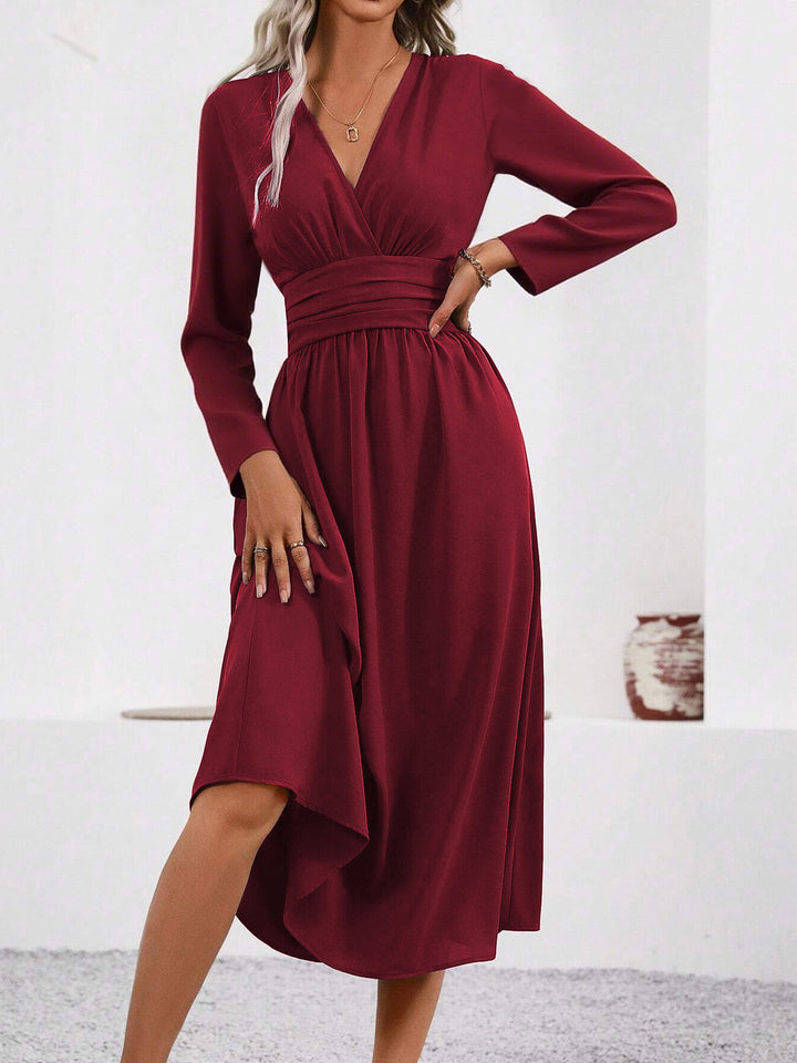 Burgundy Full Sleeve V Neck Flared Dress
