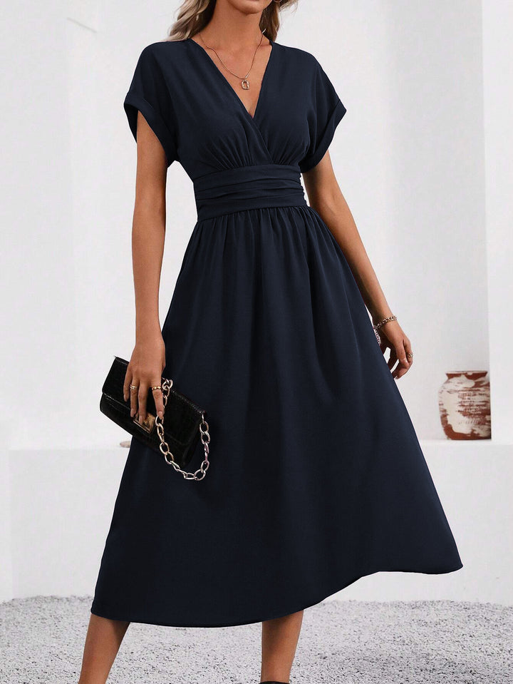 Navy Short Sleeve V Neck Dress