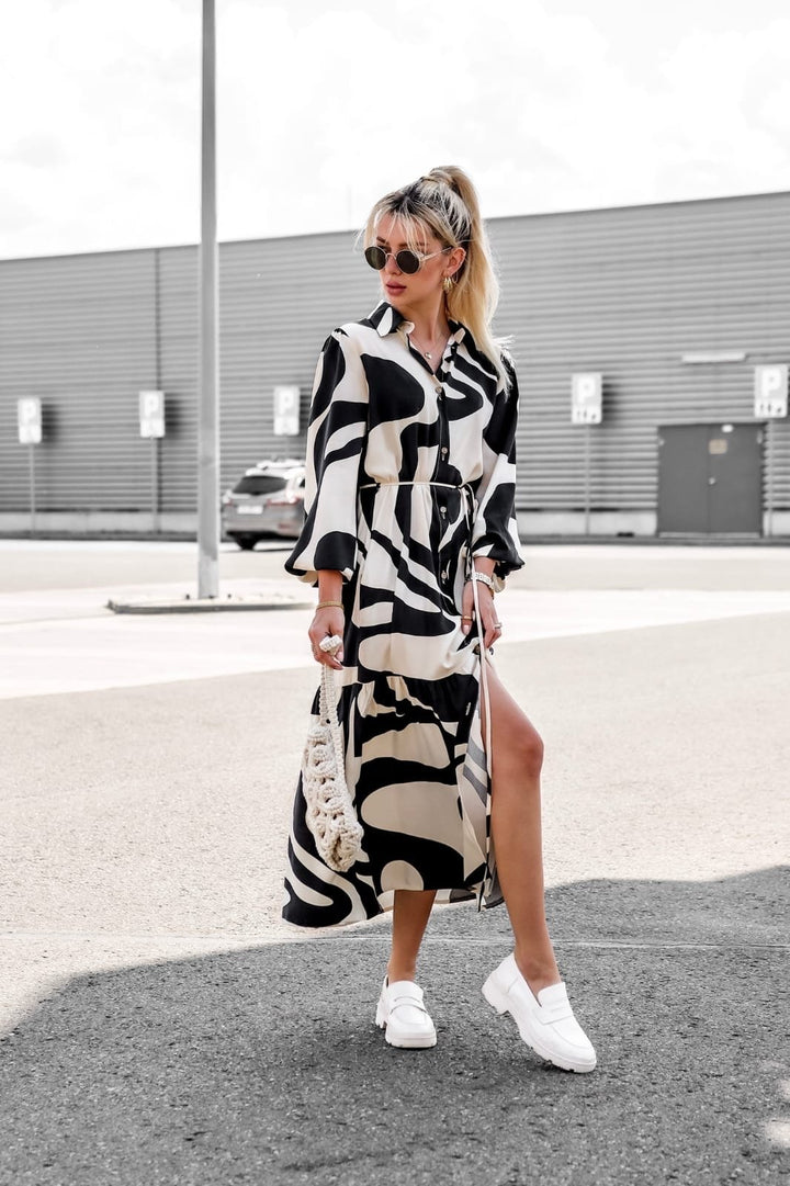Black Full Sleeve Collared Neck Printed Dress