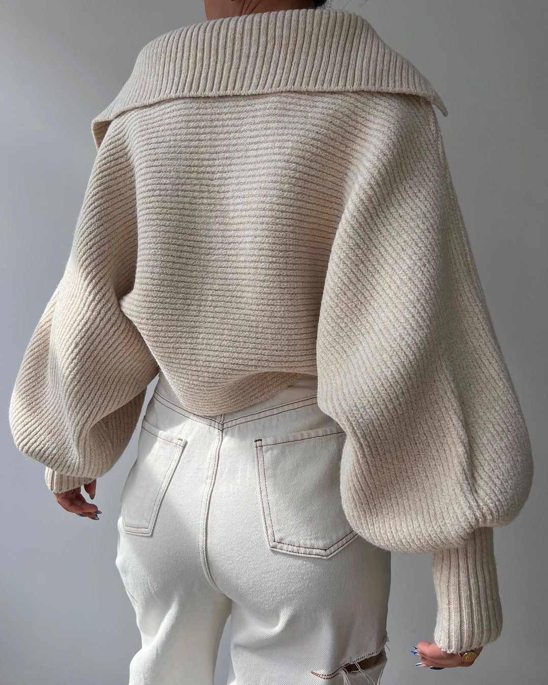 Cream Wide Collared Solid Sweater
