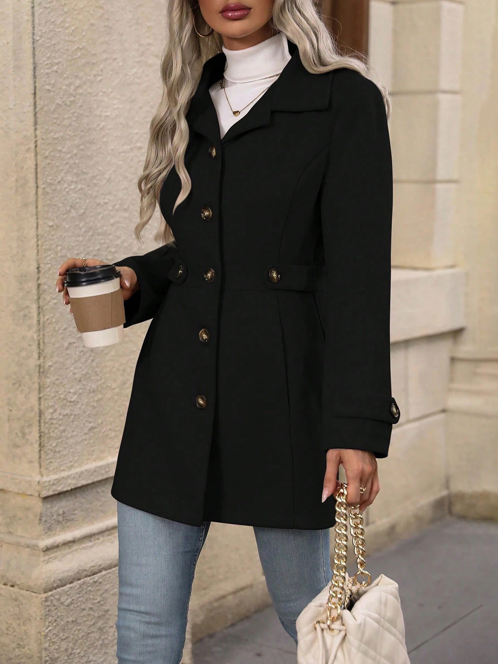 Black Big Collar Full Sleeve Long Belted Buttoned Coat