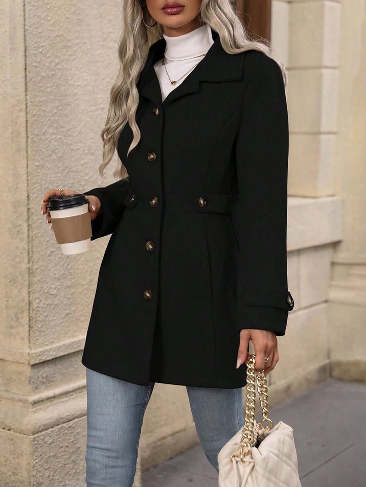 Black Big Collar Full Sleeve Long Belted Buttoned Coat