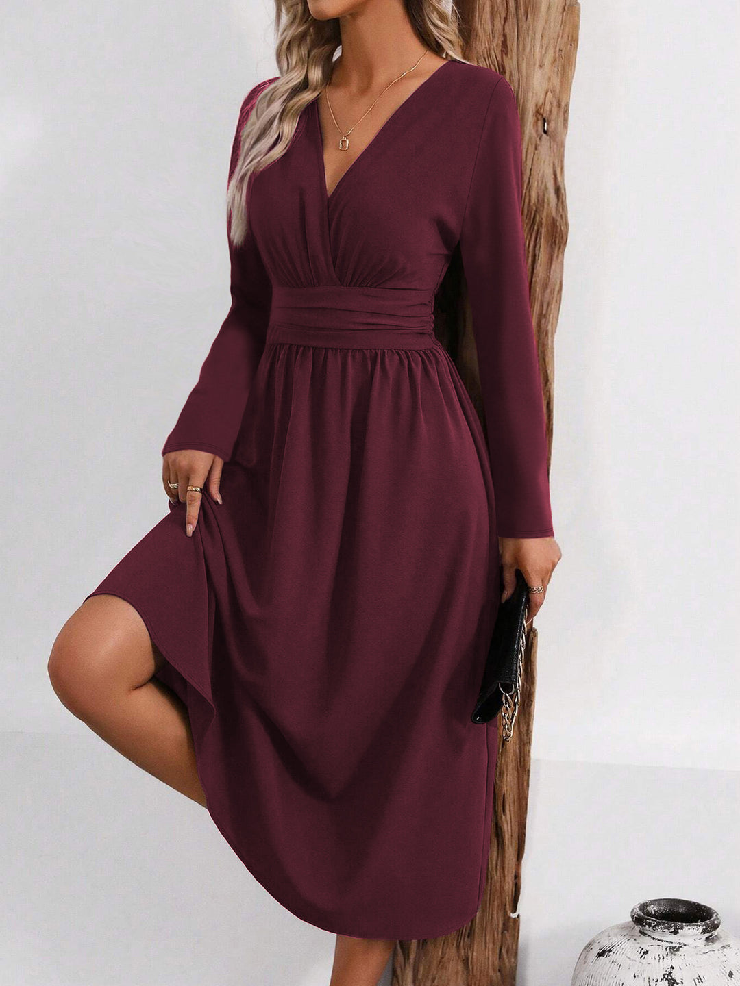 Burgundy Full Sleeve V Neck Flared Dress