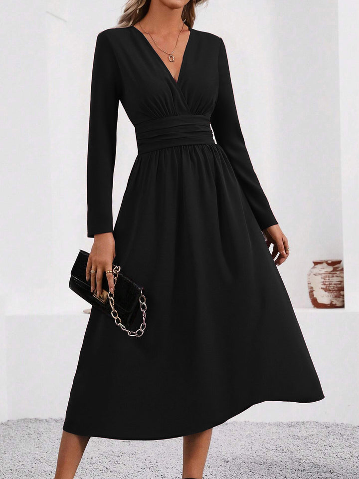 Black Full Sleeve V Neck Flared Dress