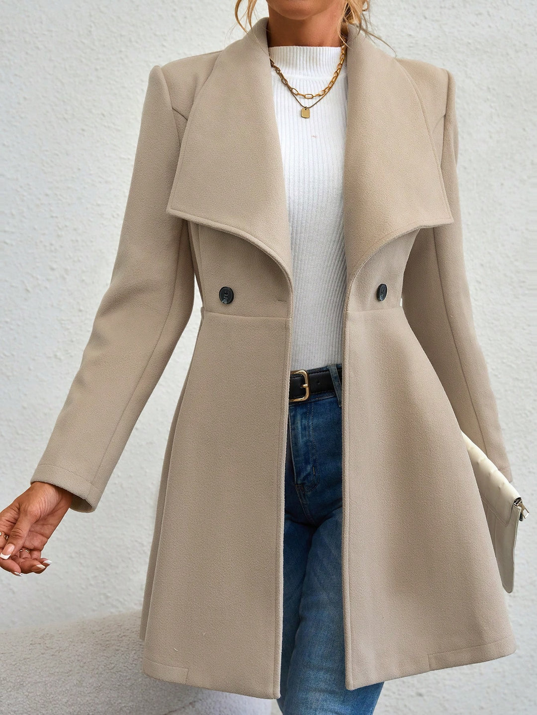 Beige Big Collar Full Sleeve Long Coat