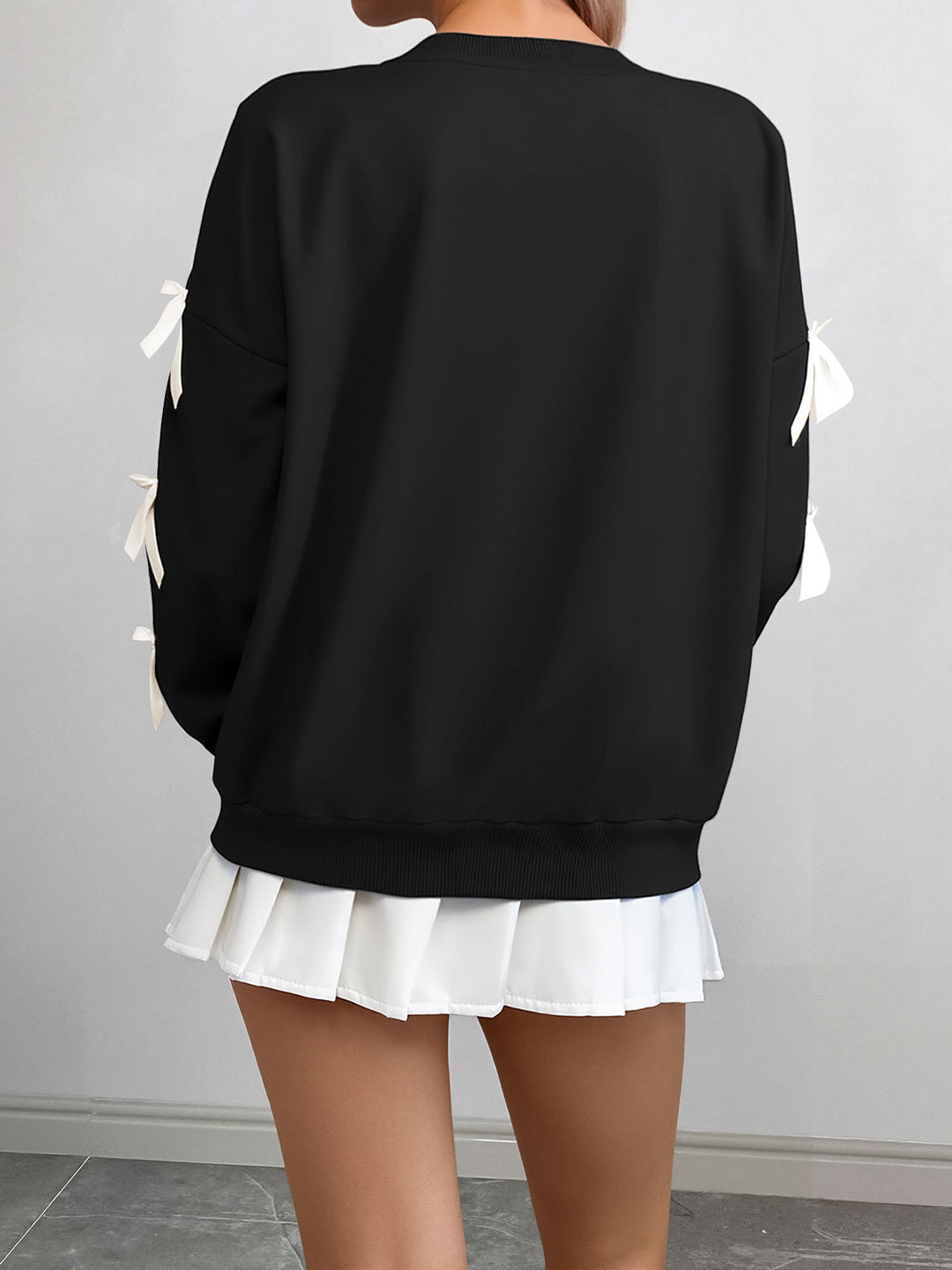 Black Full Sleeve Bow Trim Sweatshirt