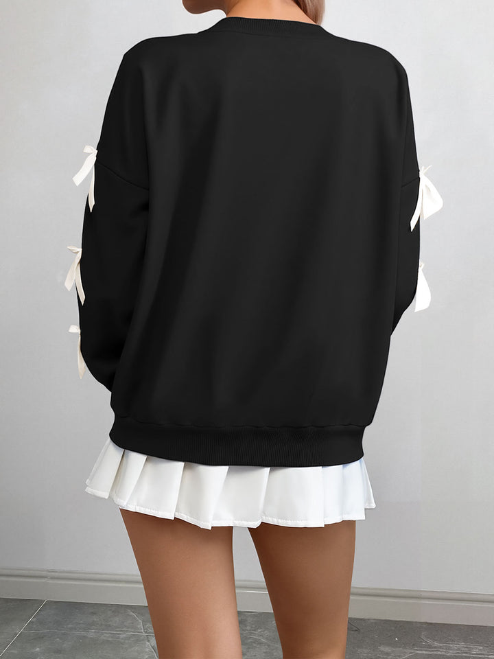 Black Full Sleeve Bow Trim Sweatshirt