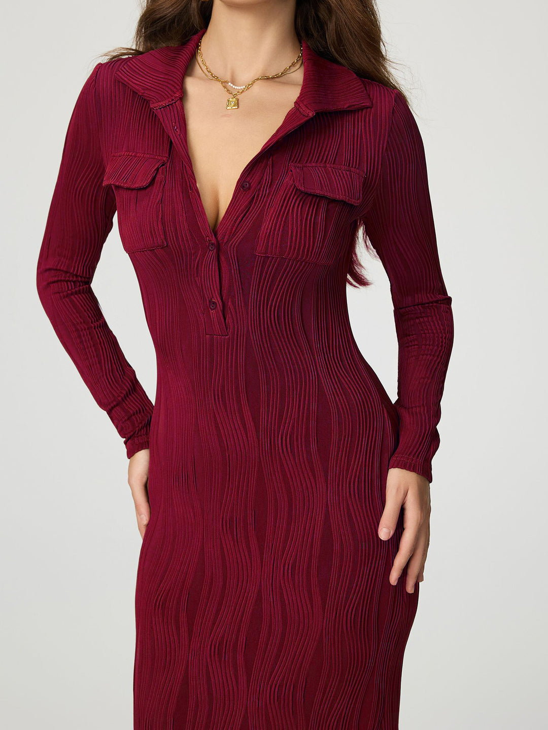 Maroon Full Sleeve Collared Fitted Dress