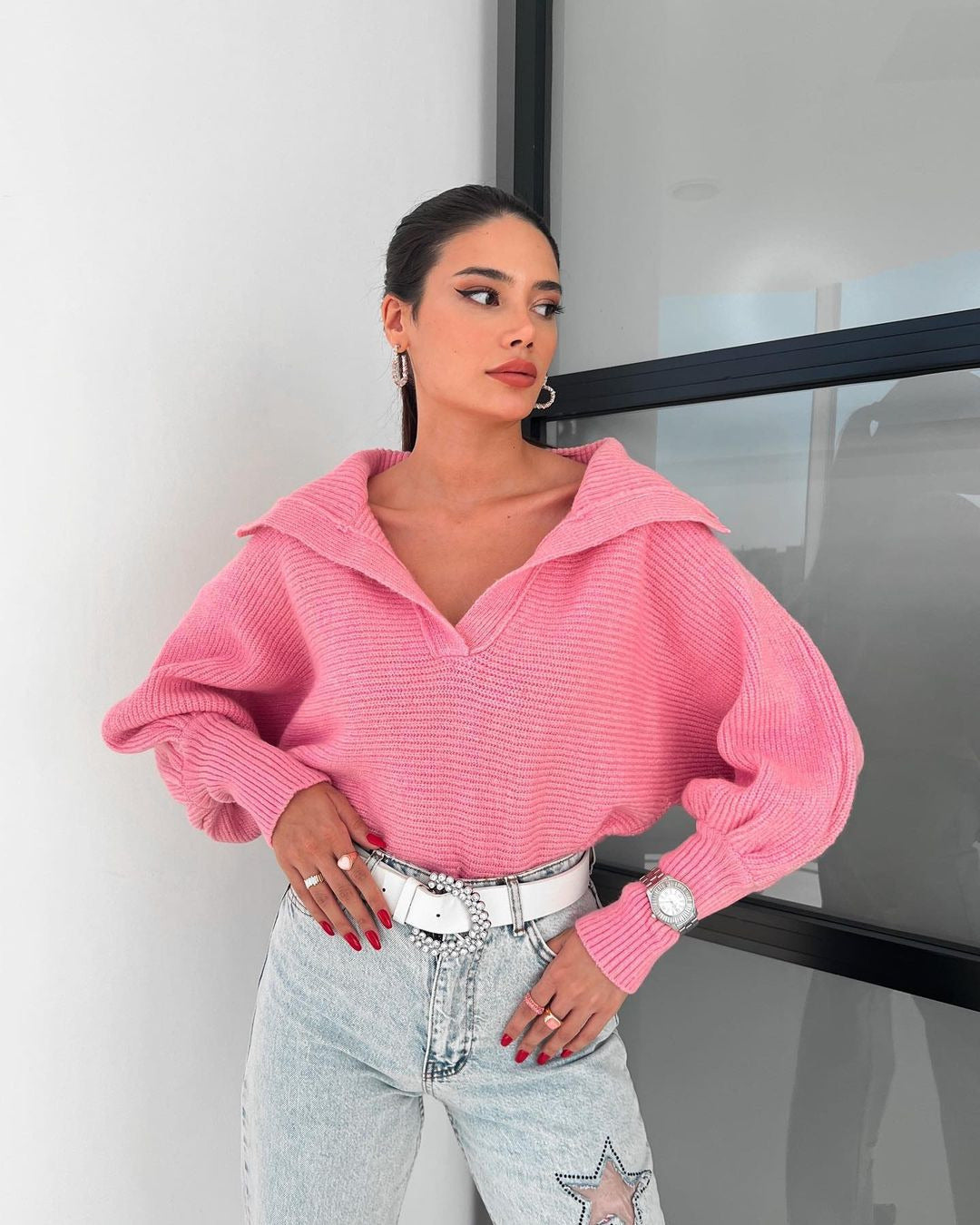 Pink Wide Collared Solid Sweater