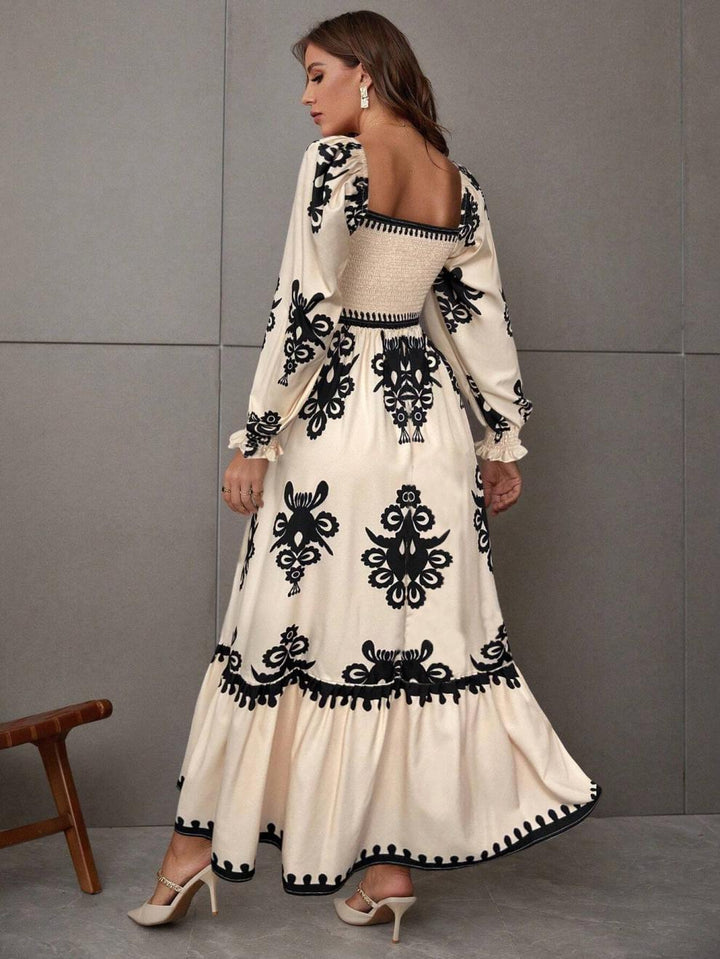Off-white Bishop Sleeve Square Neck Printed Dress